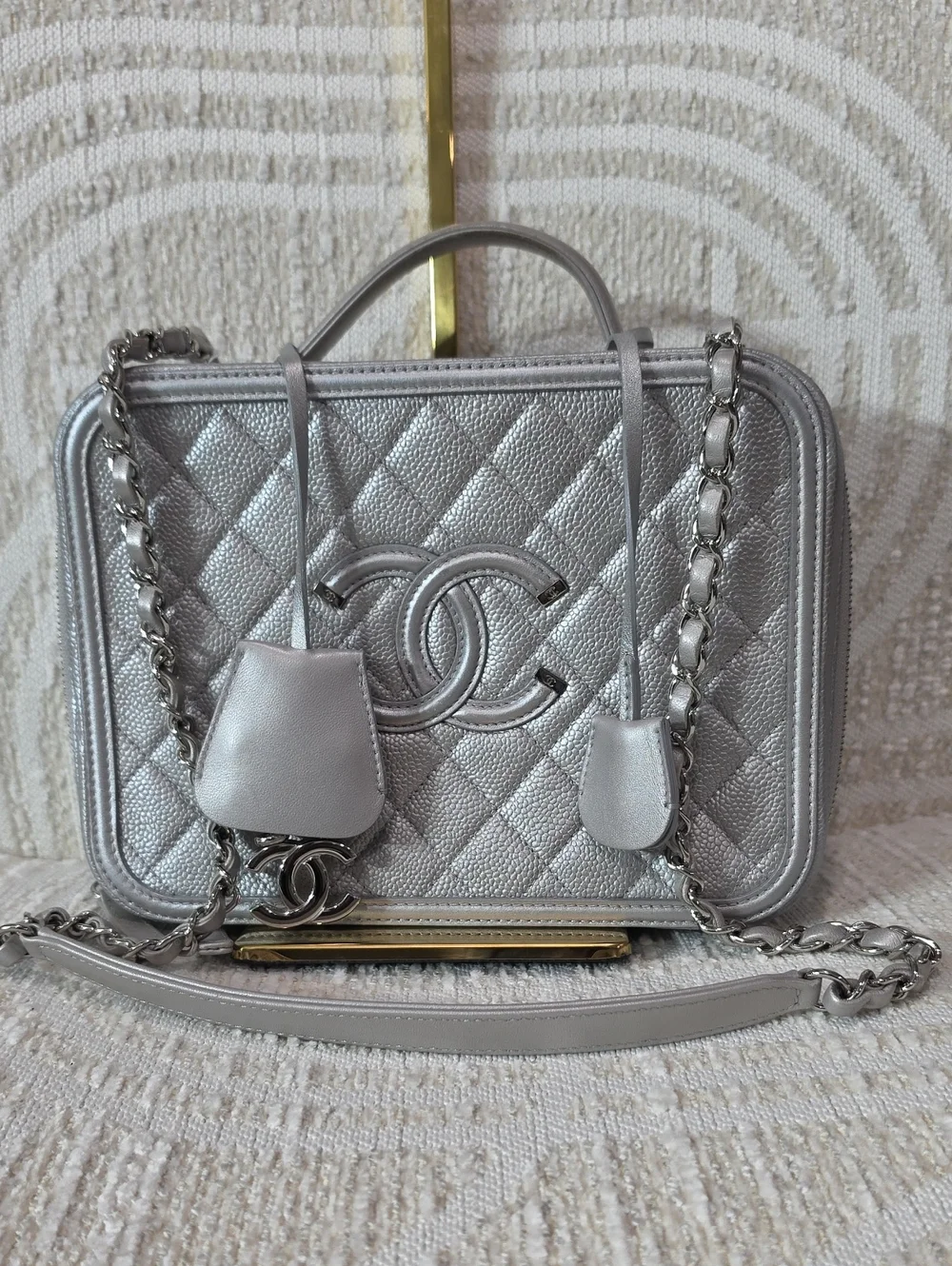 CHANEL Silver Quilted Vanity-Style Large Camera Shoulder Bag